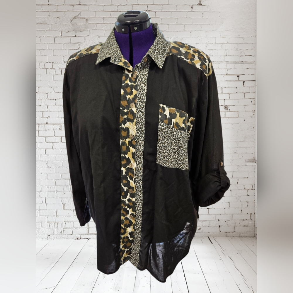 Vintage Tapestry Leopard Cheetah Black & Button-Up Shirt Big Pocket Oversized